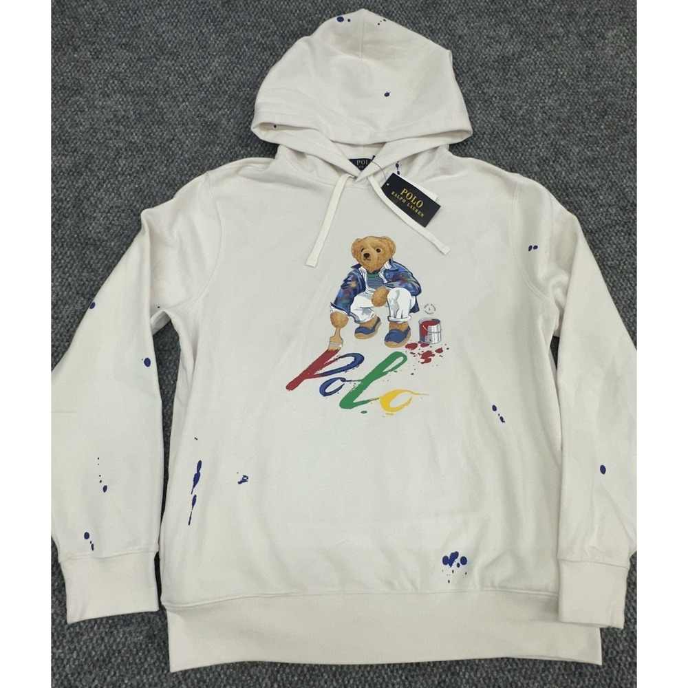 Polo Ralph Lauren Bear Paint Splatter Hoodie Sweatshirt Men's Large - New